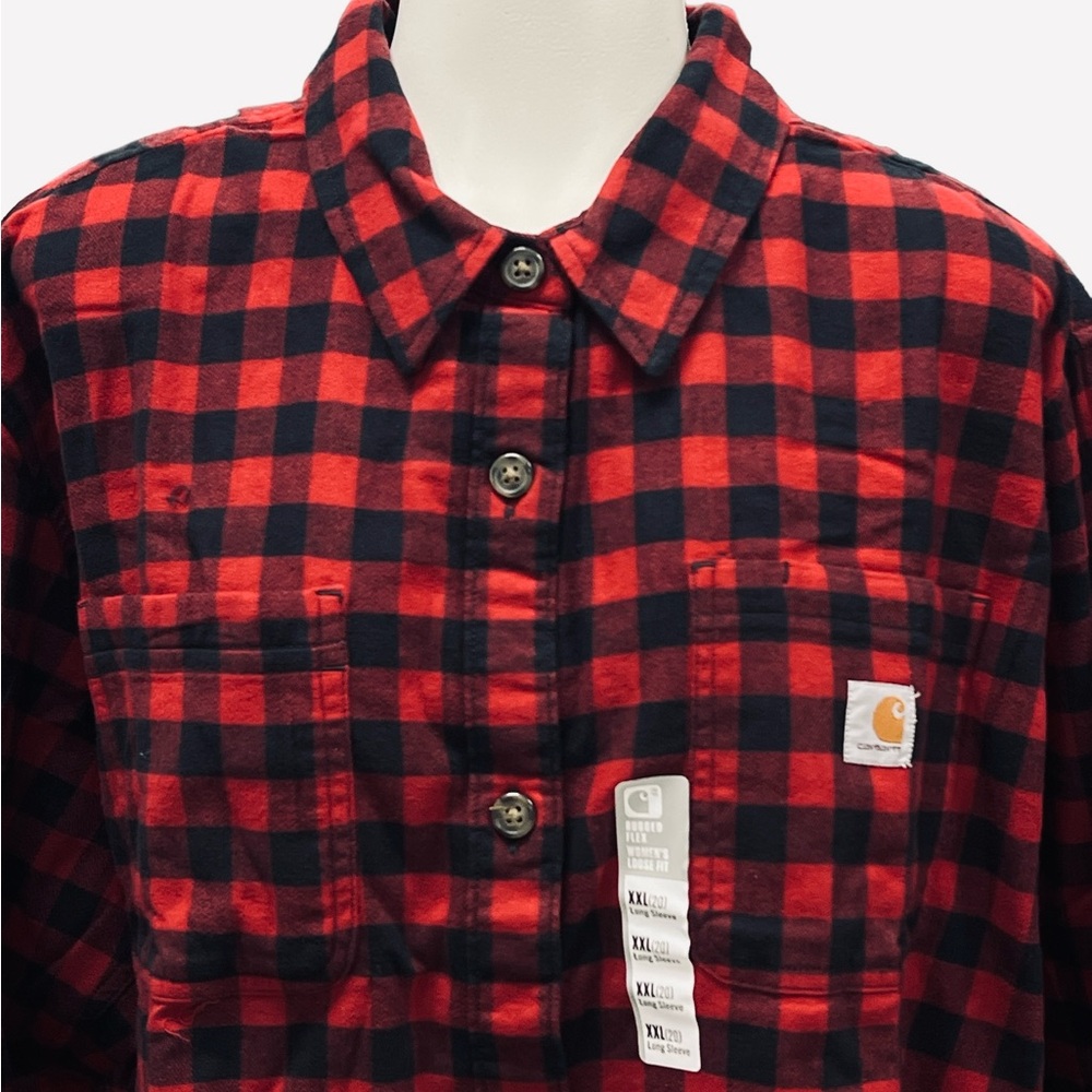 Carhartt Shirt Women's Flannel Rugged Flex Loose Buffalo Plaid Red Size 2XL - Picture 4 of 11